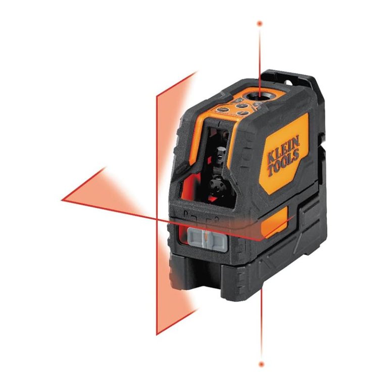 The Klein Tools 93LCLS Red Cross-Line Laser Level with red laser lines around it on a white background.