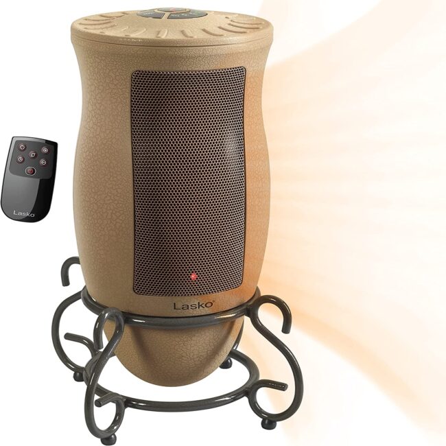 The Lasko 1500W Designer Series Ceramic Space Heater and remote on a white background.